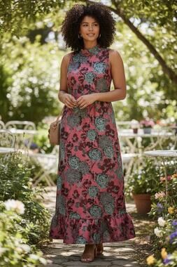 Abbey Glass Camille Floral Ruffle Mock Neck Sleeveless Gown Pink Floral- Sz XL